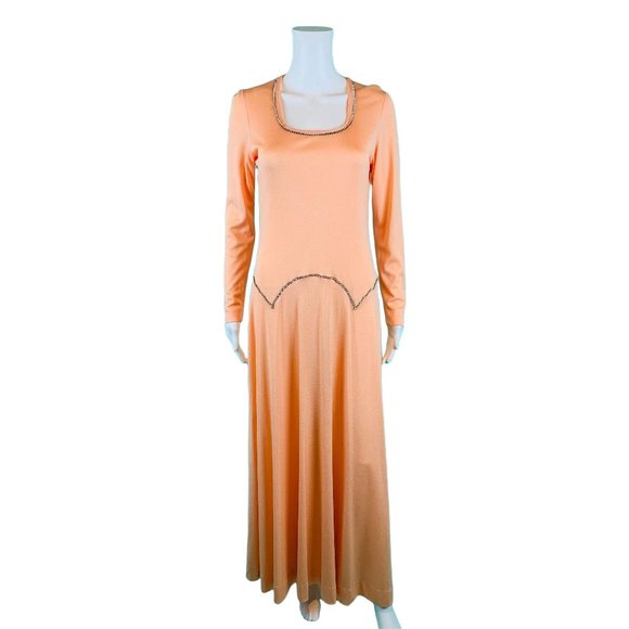 Vintage 70s Formal Gown Women's Small Rhinestone Trim Peach Long Sleeve Dress - Picture 2 of 10